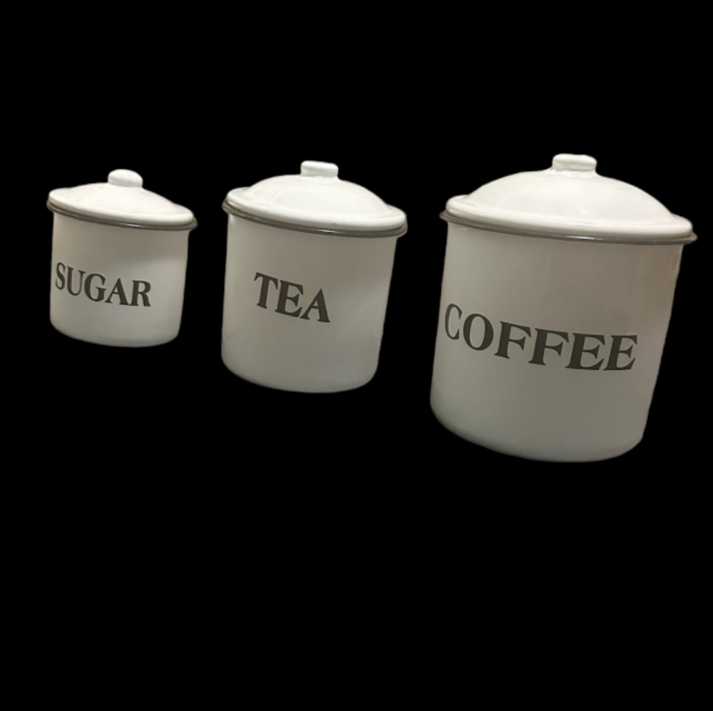 Set of White & Black, Enamel, Graphic Metal, Kitchen Canisters, Versatile Style